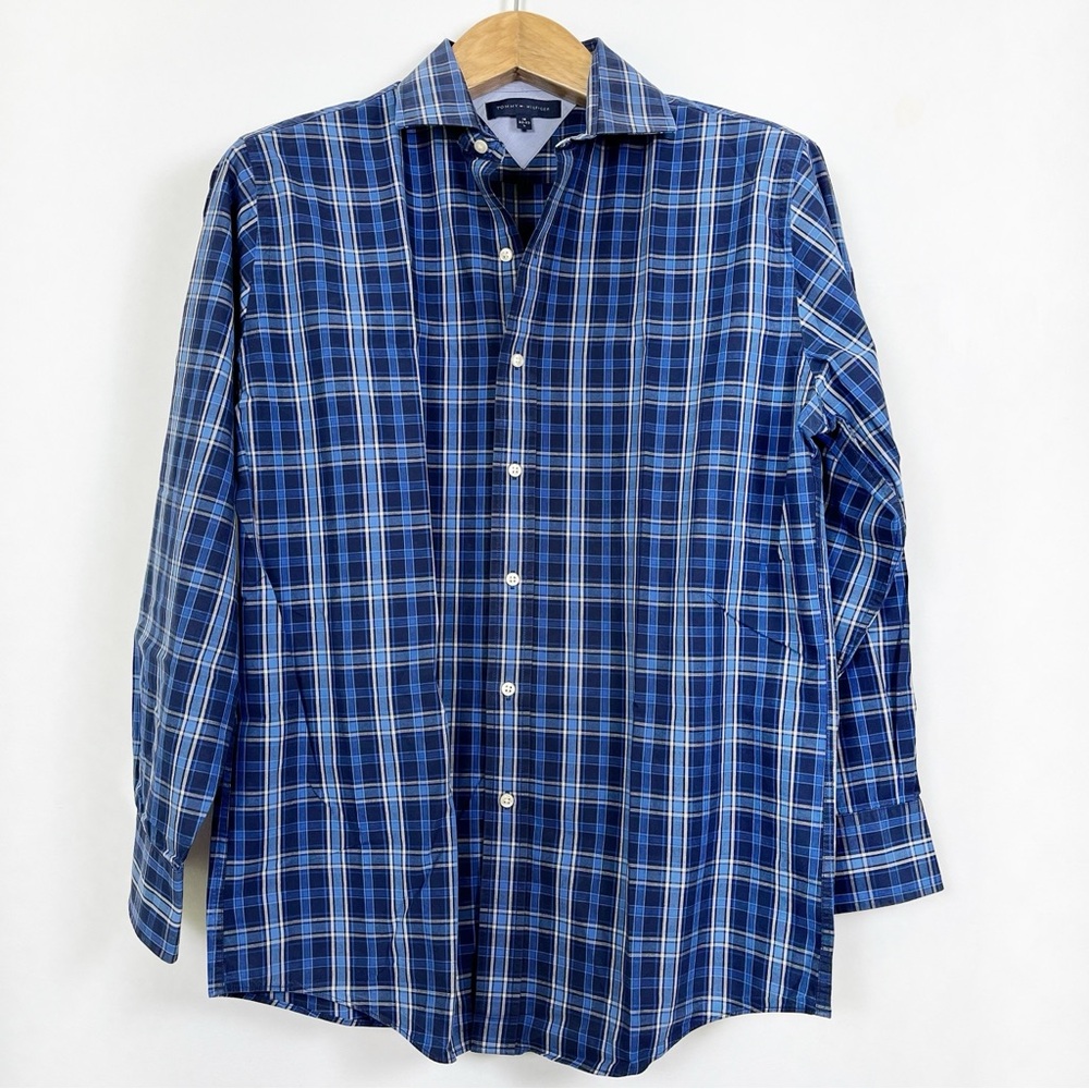 Tommy Hilfiger Men’s Blue Plaid Long Sleeve Button Shirt Size Large Slim‎ Fit